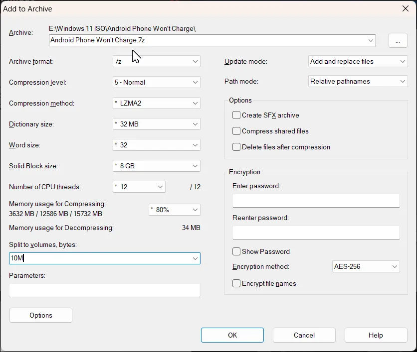 7-Zip add to archive dialog open in Windows 11