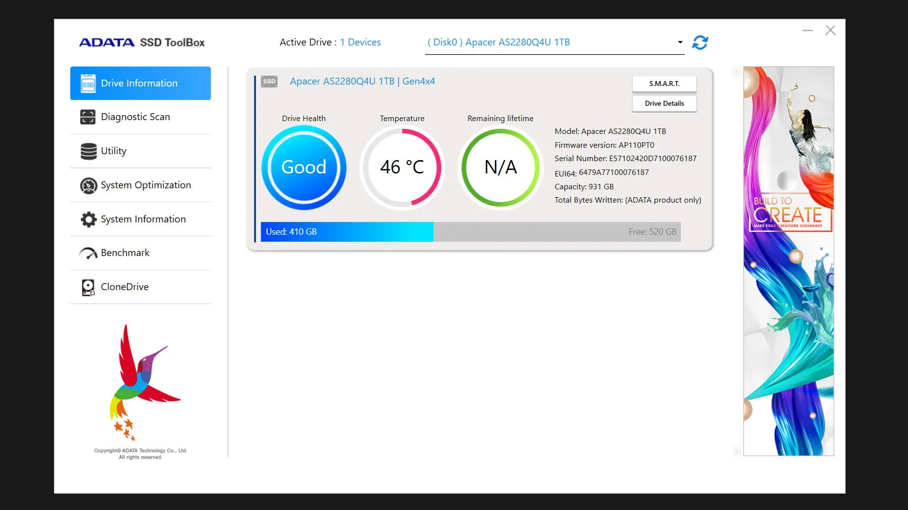 ADATA SSD Toolbox hiển thị tình trạng sức khỏe của SSD NVMe