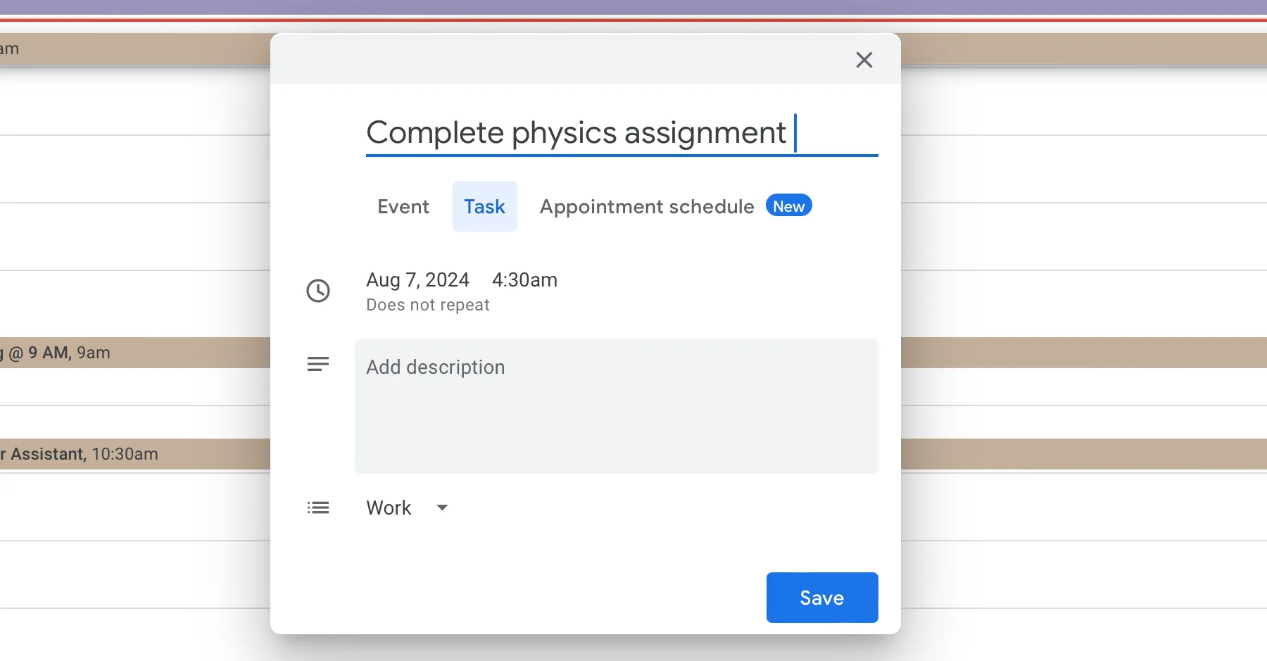 Adding a task to my to-do list directly from Google Calendar