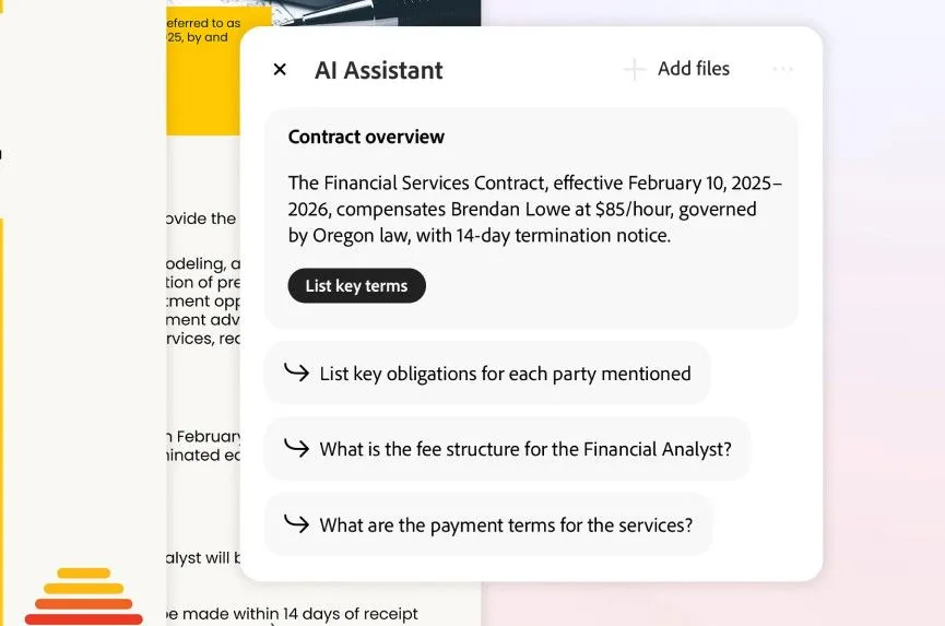 Adobe Acrobat AI liệt kê và giải thích các thuật ngữ chính trong hợp đồng