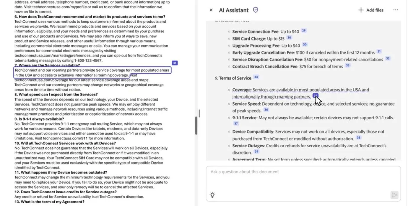 Adobe Acrobat AI trích dẫn thông tin từ hợp đồng PDF