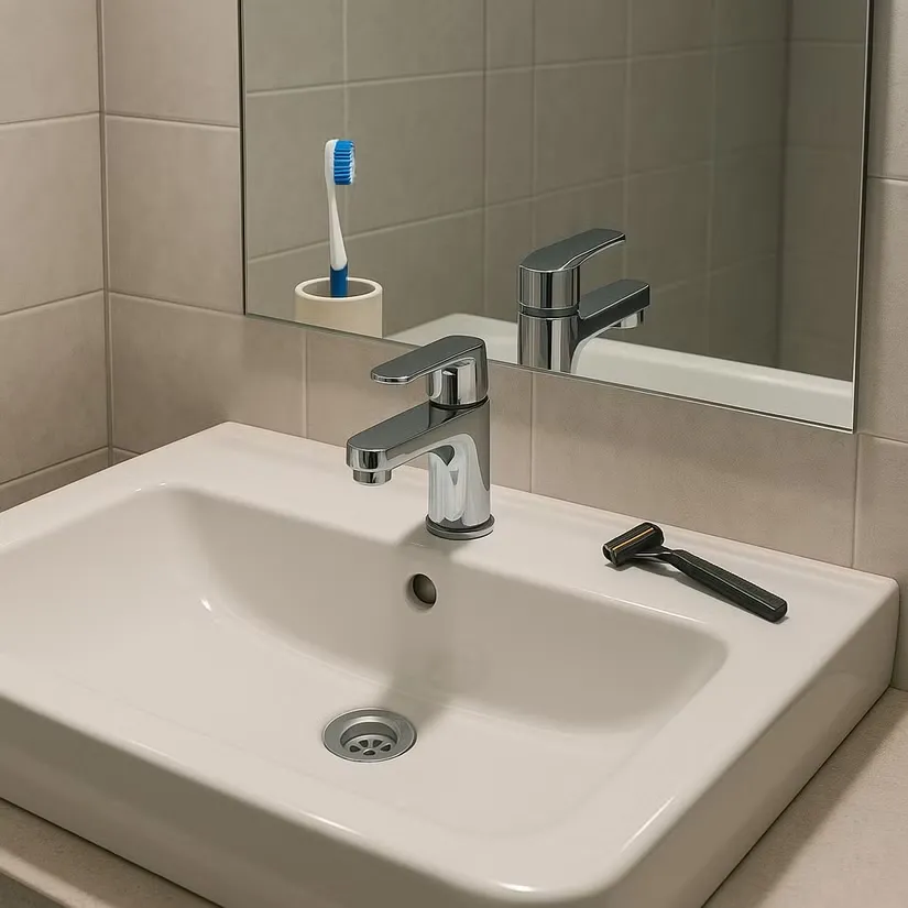 Ảnh AI một bồn rửa tay với gương phía sau, phản chiếu bị biến dạng bất thường