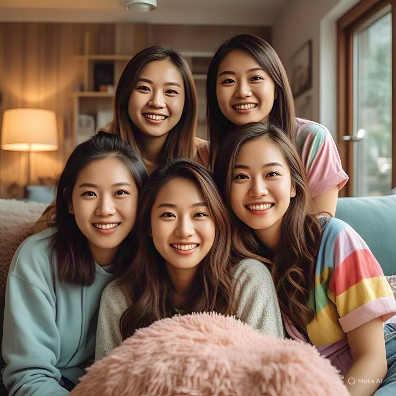 Ảnh AI về bốn phụ nữ trẻ cười, làn da trông như nhựa, quá mịn màng và thiếu chi tiết chân thực