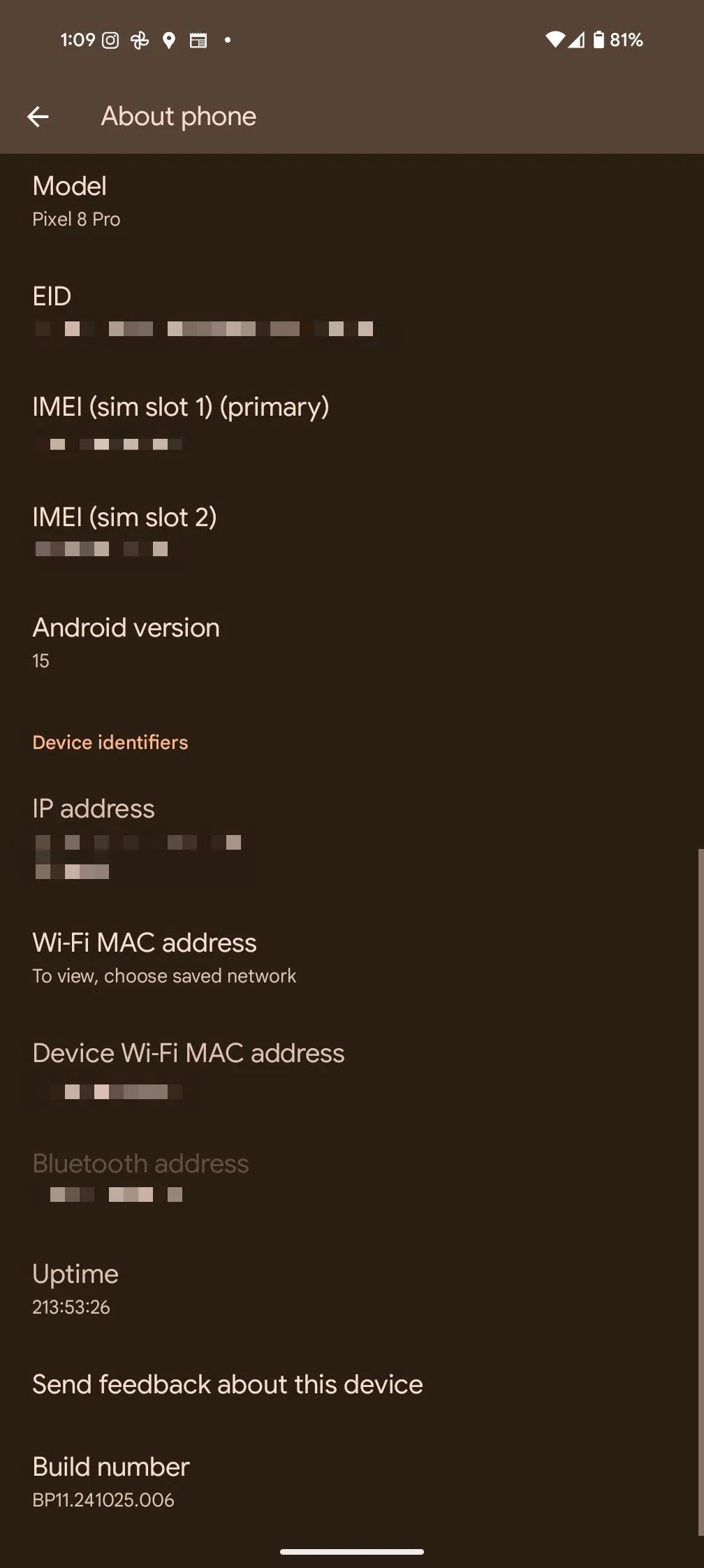 Ảnh chụp màn hình menu Giới thiệu điện thoại (About phone) trên Pixel 8 Pro, hiển thị số phiên bản dựng (Build Number) để kích hoạt Tùy chọn nhà phát triển.