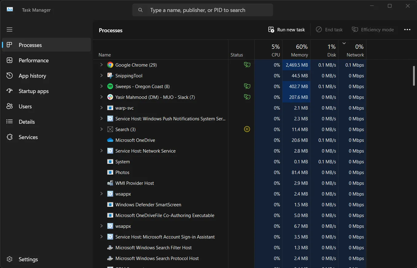 Ảnh chụp màn hình Task Manager hiển thị thông số sử dụng pin của ứng dụng