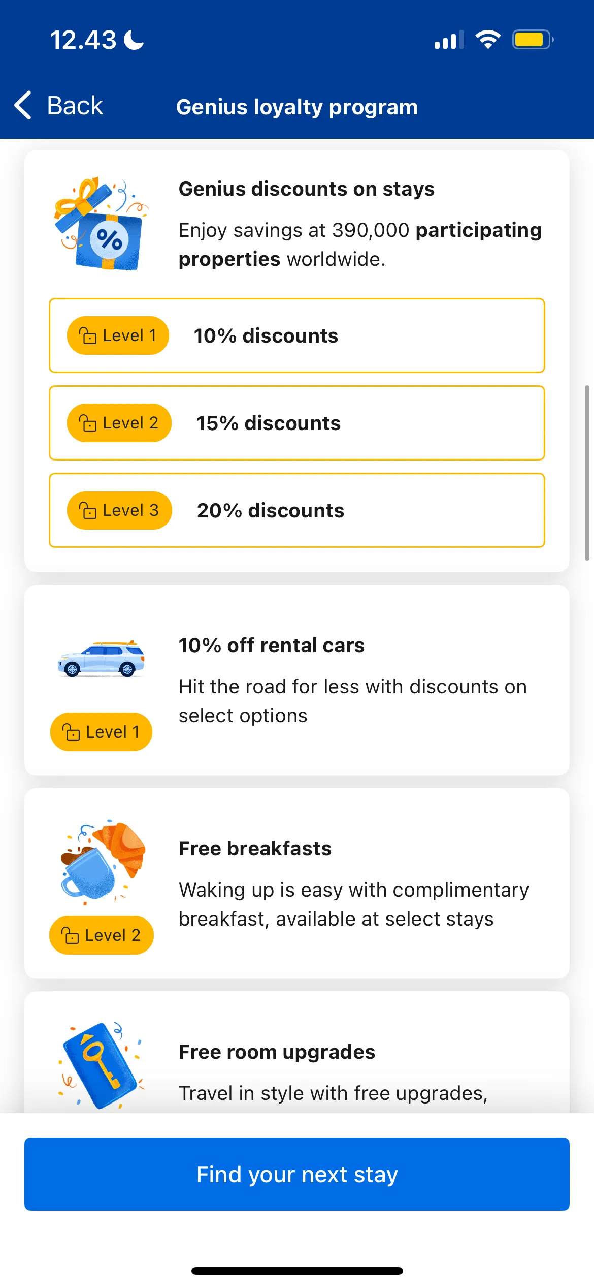 Ảnh chụp màn hình ứng dụng Booking.com hiển thị các lợi ích của chương trình khách hàng thân thiết Genius