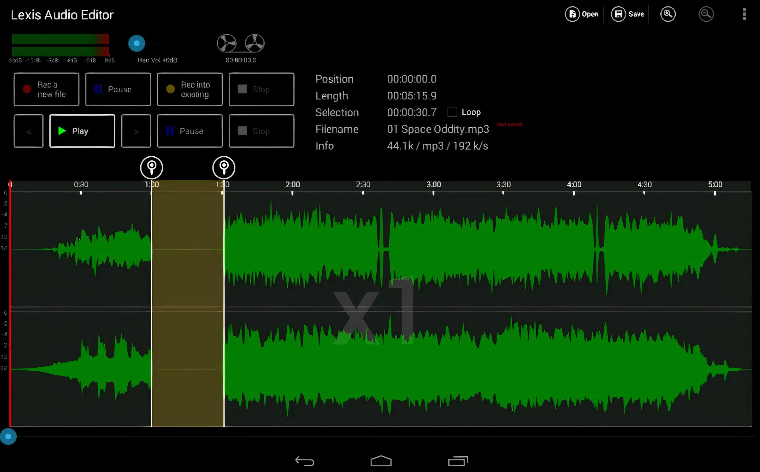 Ảnh chụp màn hình ứng dụng Lexis Audio Editor trên Android, hiển thị các tùy chọn chỉnh sửa và thanh điều chỉnh độ dài fade.