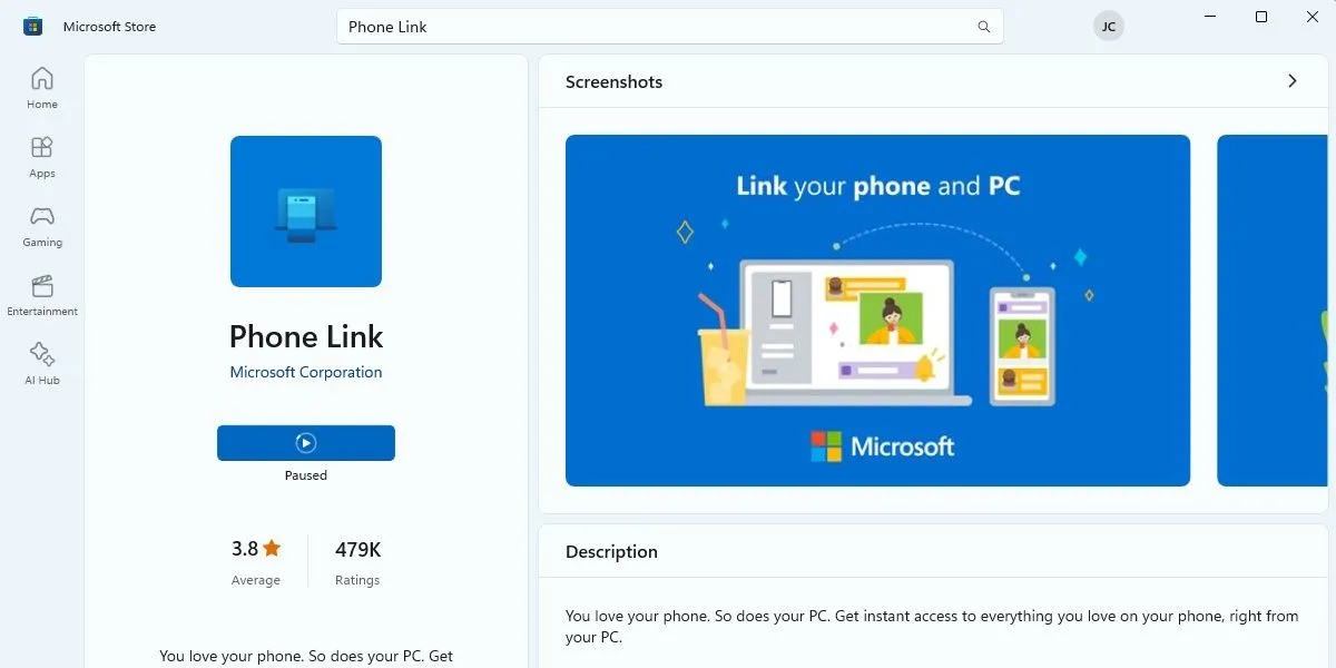 Ảnh chụp màn hình ứng dụng Microsoft Phone Link trong Microsoft Store, cho thấy giao diện kết nối và đồng bộ điện thoại với Windows.