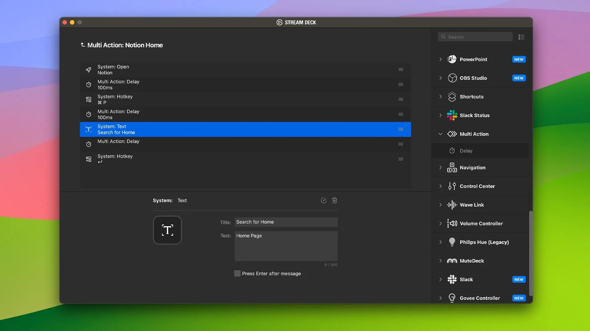Ảnh chụp màn hình ví dụ về thiết lập Multi Action trong phần mềm Stream Deck.