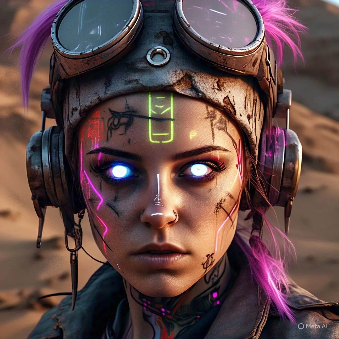 Ảnh tĩnh chân dung một phụ nữ Cyberpunk với hình xăm neon và mắt phát sáng trong bối cảnh sa mạc hoang tàn