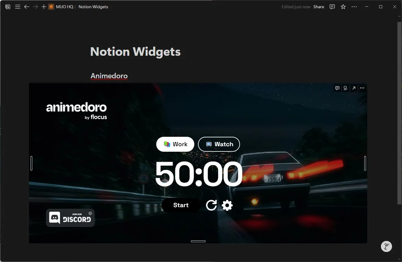 Animedoro widget hoạt hình mở trong Notion