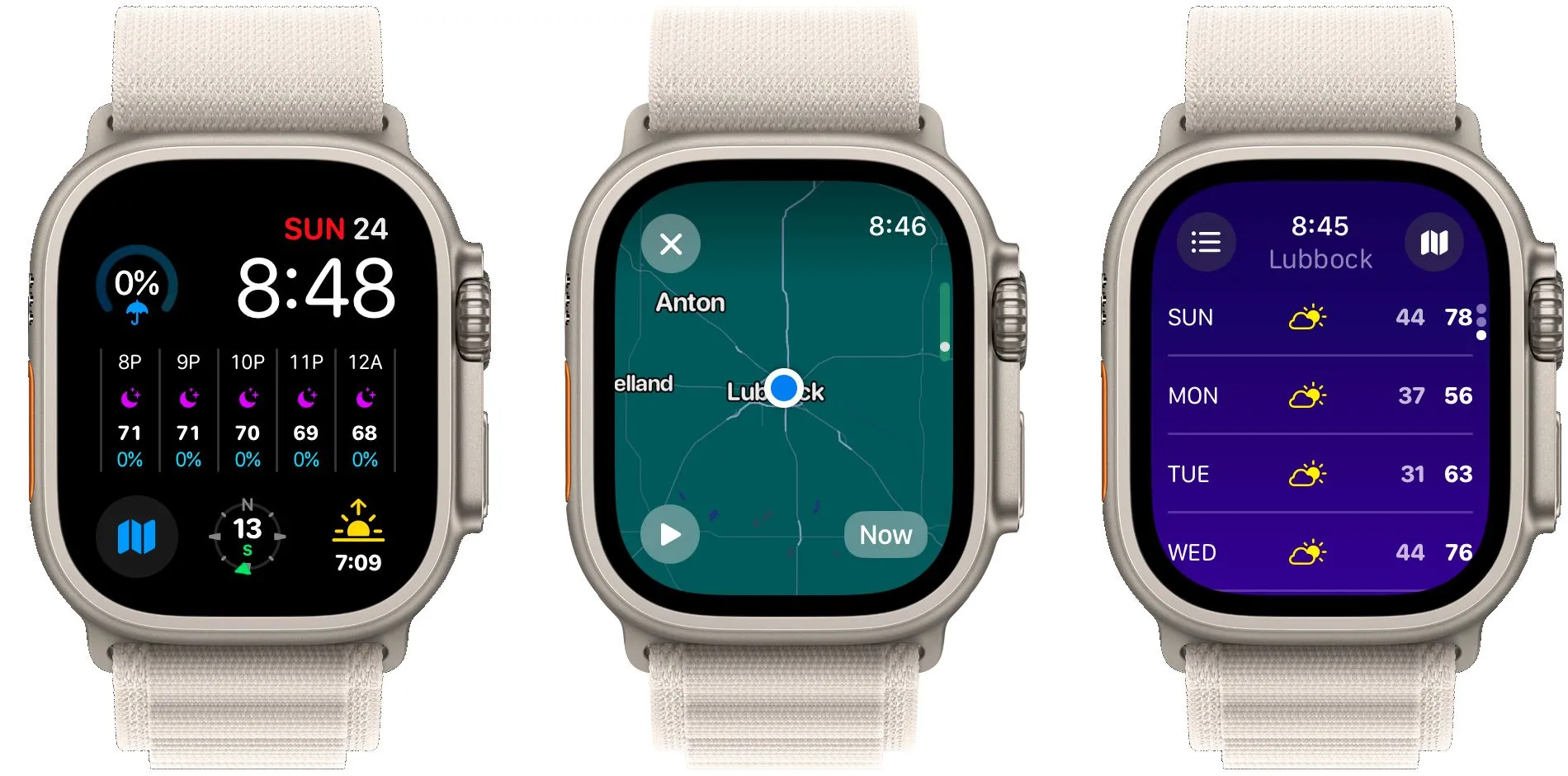 Ba màn hình ứng dụng Carrot Weather trên Apple Watch hiển thị dự báo, radar và thông tin chi tiết