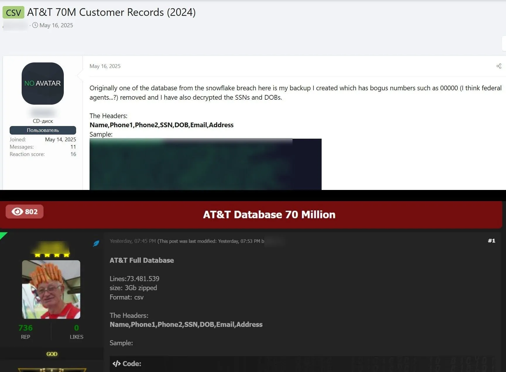 Bài đăng trên diễn đàn tội phạm mạng rao bán dữ liệu rò rỉ của AT&T