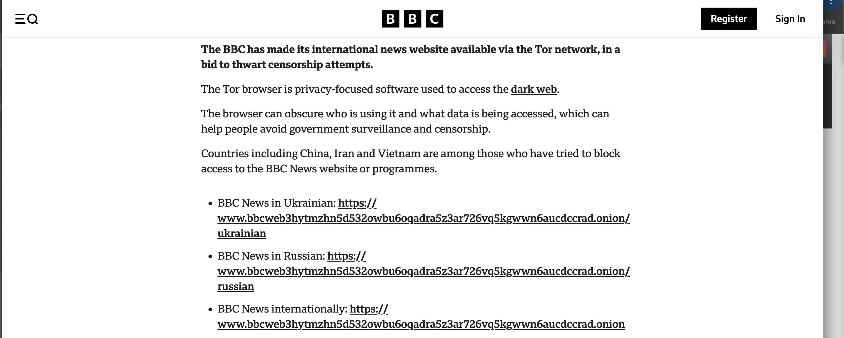 Bài viết của BBC hiển thị các địa chỉ .onion chính thức, ví dụ về cách xác minh tính hợp pháp của website trên Dark Web.