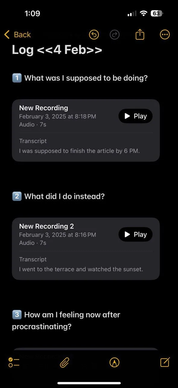 Bản chép lời trong nhật ký trì hoãn Apple Notes