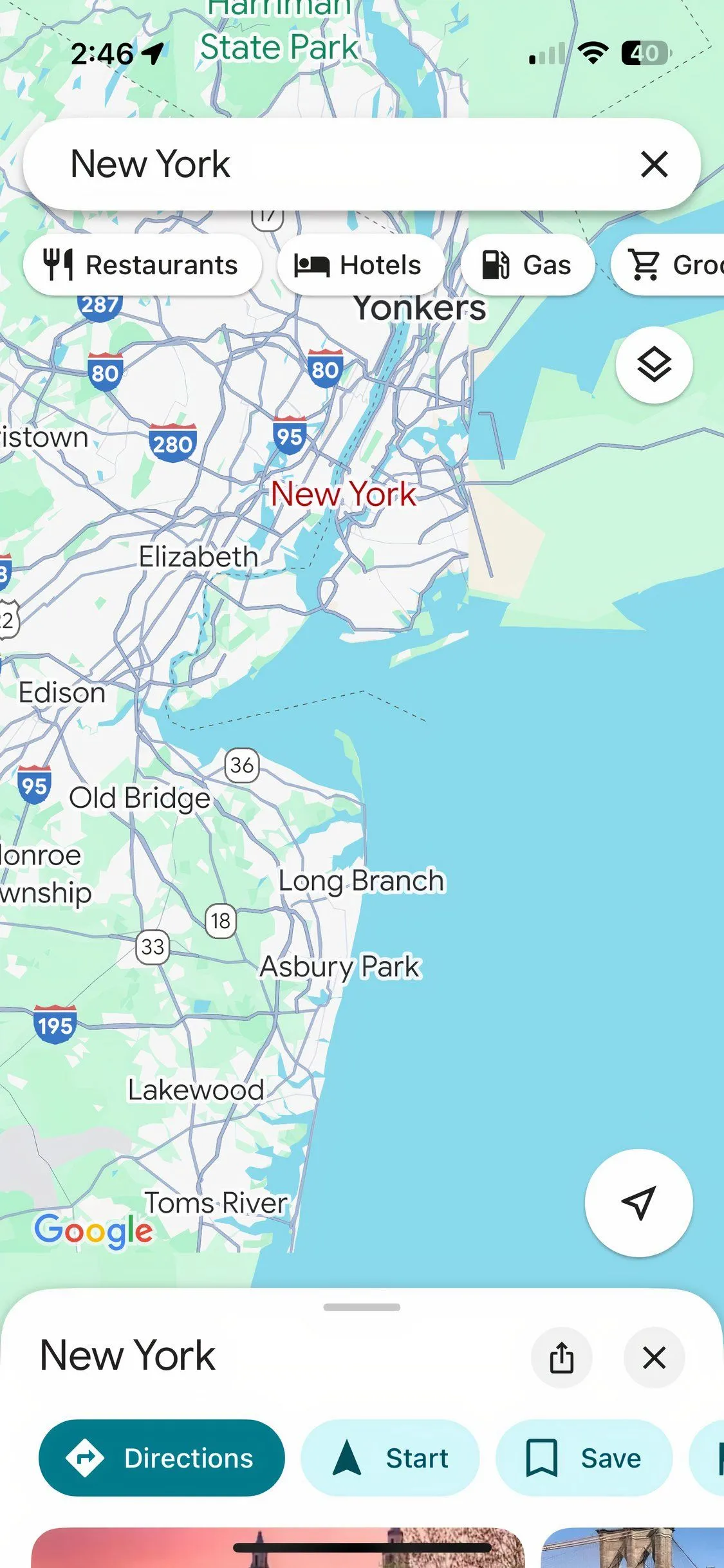 Bản đồ Google Maps hiển thị khu vực New York với các tuyến đường và biểu tượng địa điểm