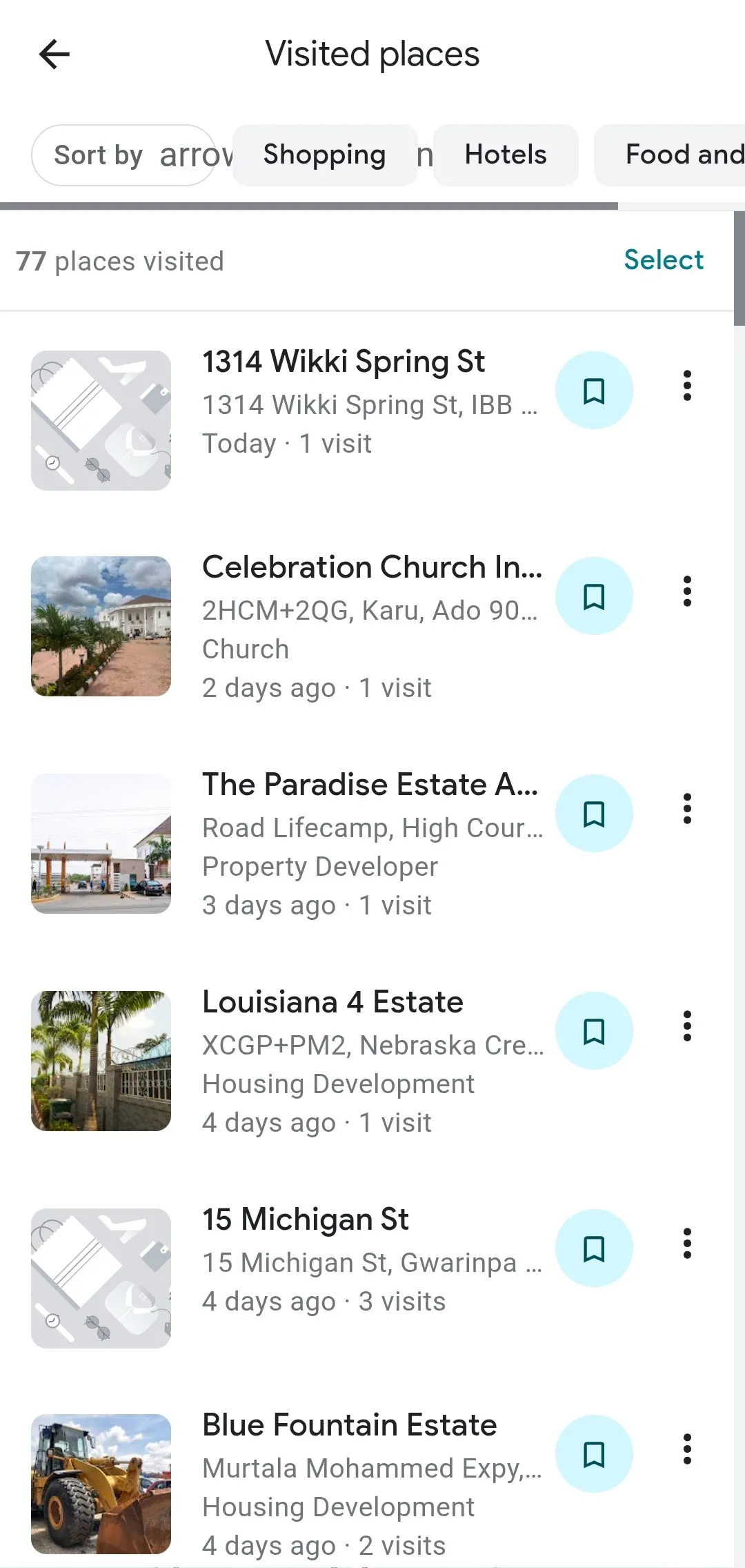 Bản đồ hiển thị các địa điểm đã ghé thăm được ghi lại bởi Google Maps Timeline