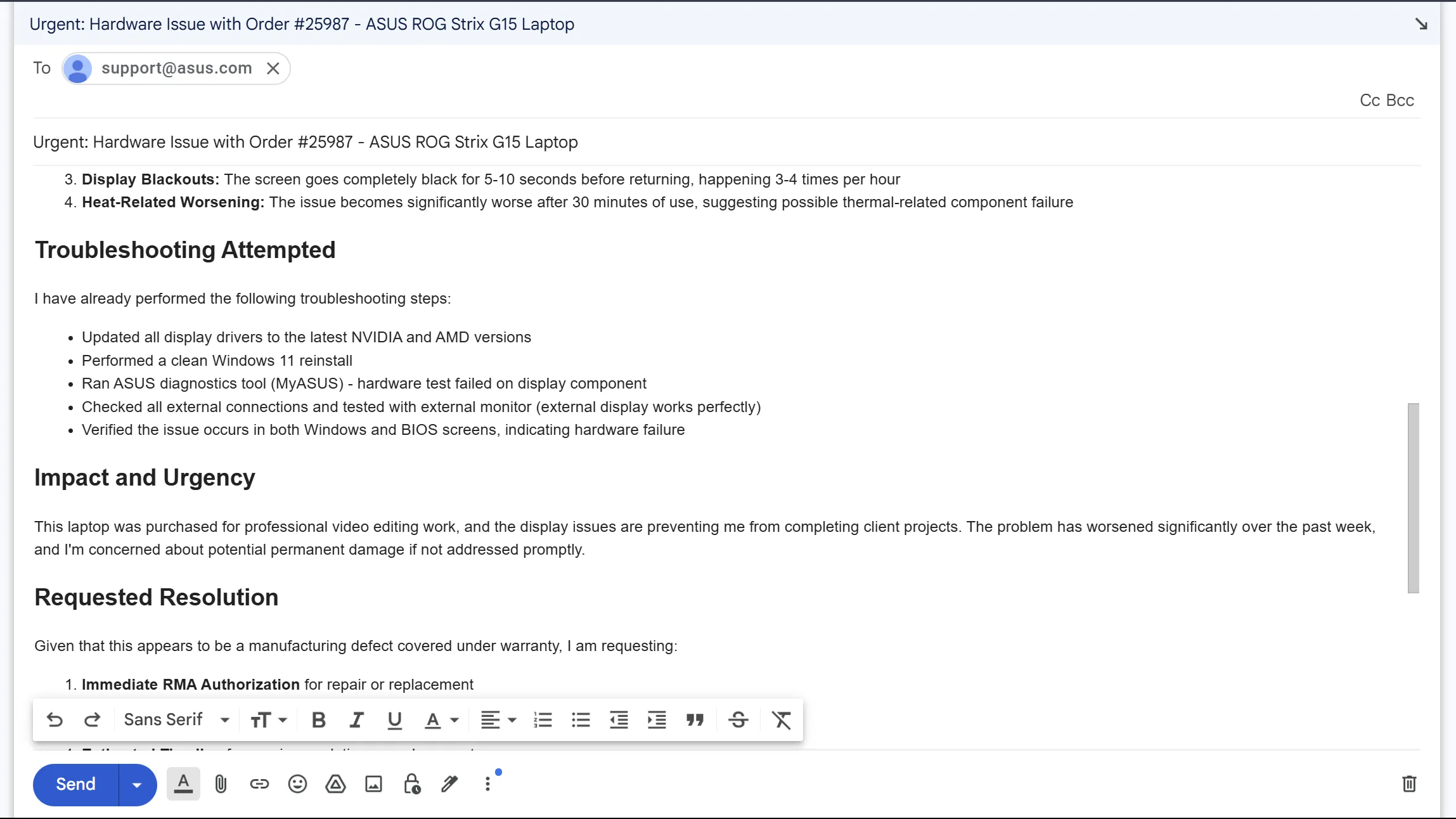 Bản nháp email gửi hỗ trợ ASUS về vấn đề phần cứng laptop, minh họa cách viết email hiệu quả để nhận phản hồi từ nhân viên thật.