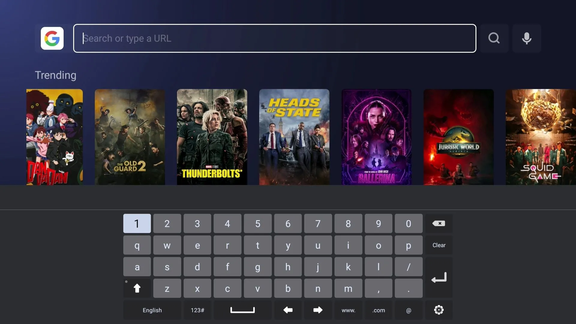 Bàn phím ảo trên màn hình được hiển thị trong ứng dụng trình duyệt trên Smart TV