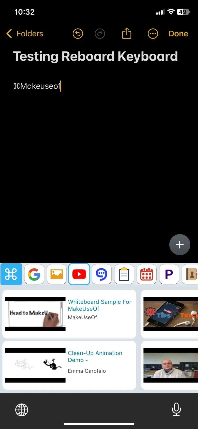Bàn phím Reboard hiển thị kết quả tìm kiếm YouTube