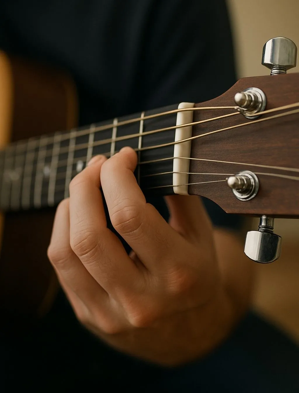 Bàn tay người chơi hợp âm E thứ trên đàn guitar với ChatGPT 4o