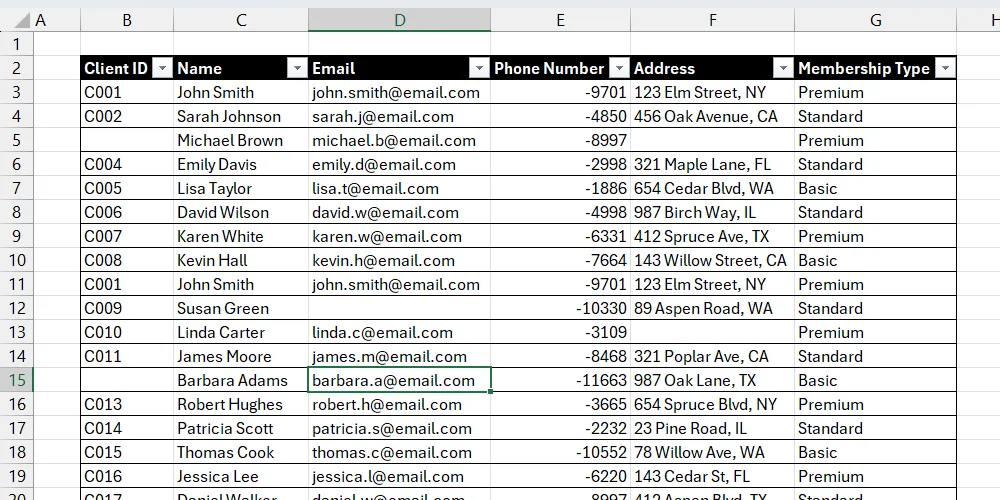 Bảng dữ liệu khách hàng trong Excel với các ô trống chưa được đánh dấu.