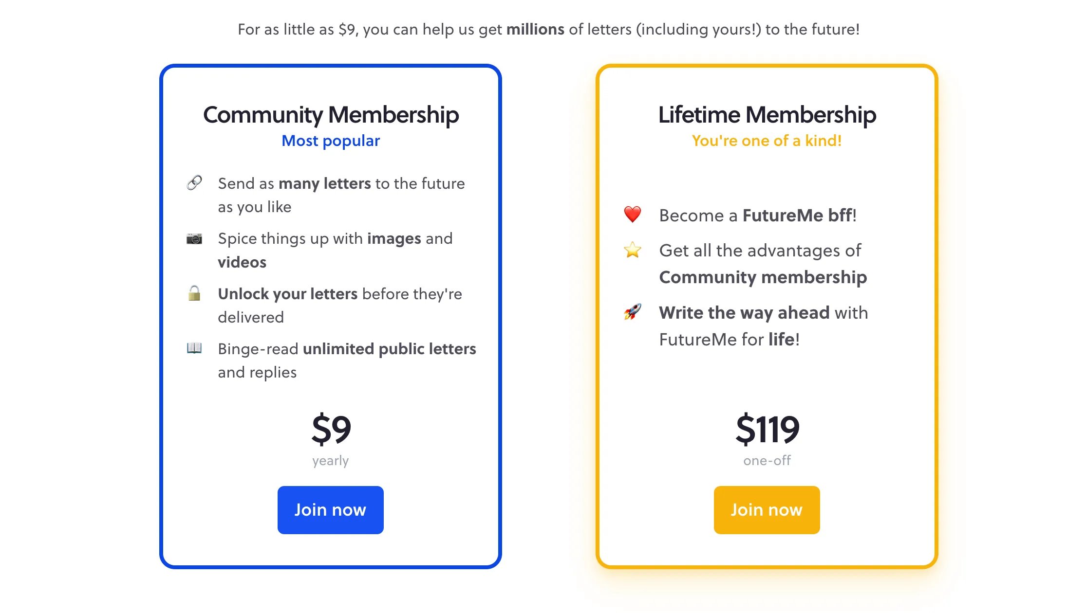 Bảng giá các gói dịch vụ cao cấp Community và Lifetime của FutureMe, hiển thị chi phí và quyền lợi.