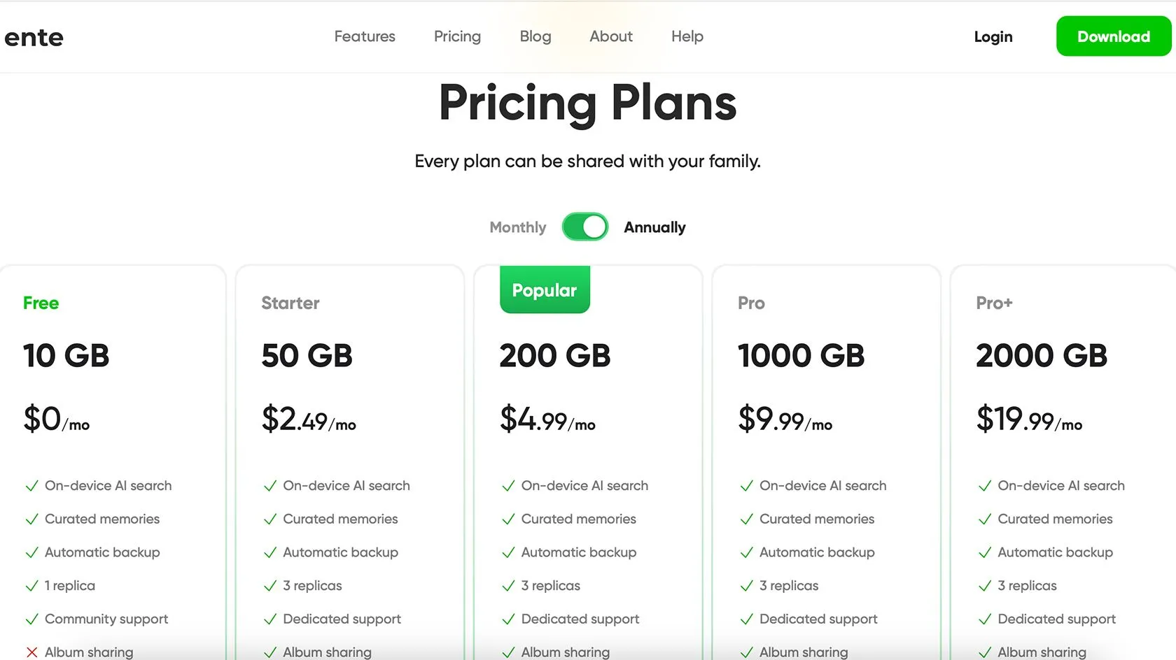 Bảng giá các gói dịch vụ lưu trữ của Ente Photos, bao gồm tùy chọn miễn phí và các gói trả phí linh hoạt.