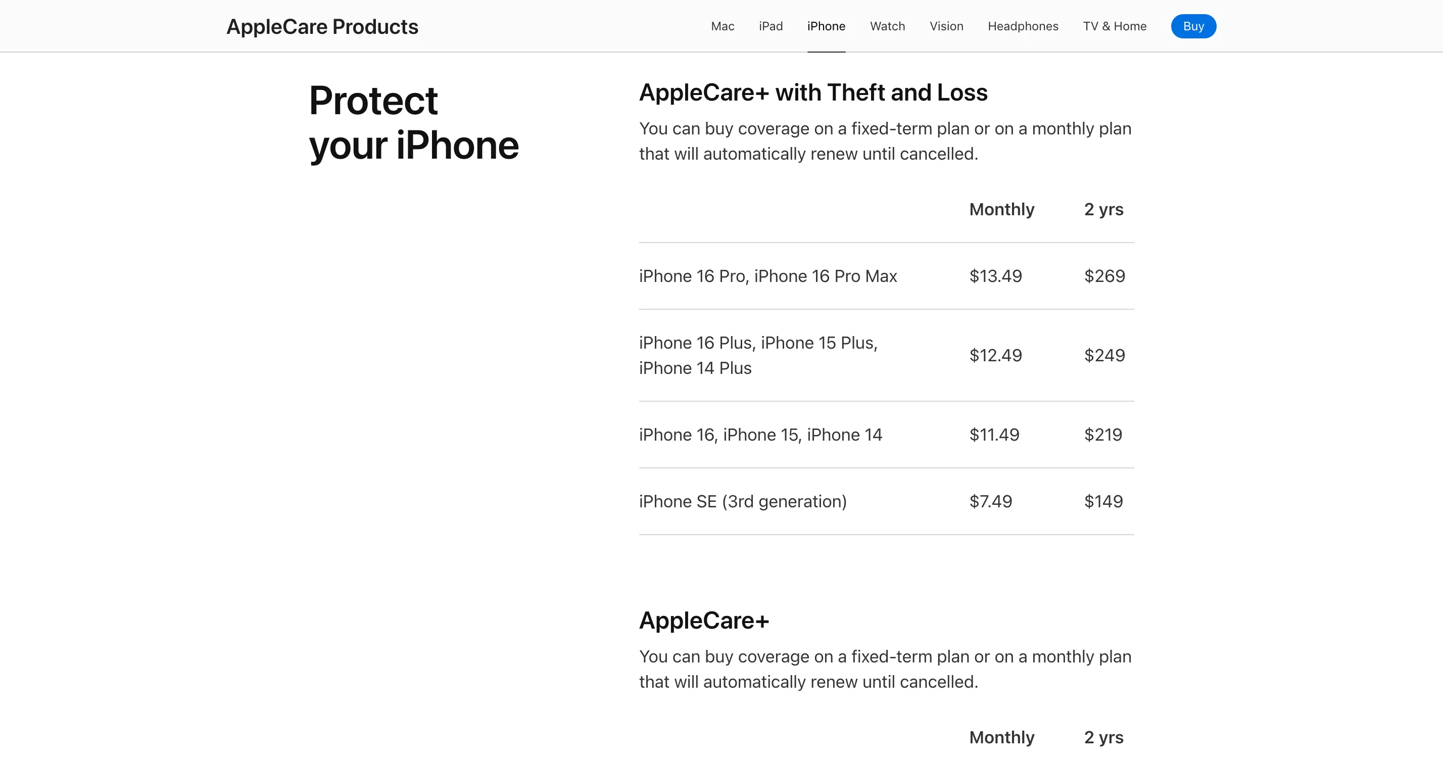 Bảng giá dịch vụ bảo hành mở rộng AppleCare+ hiển thị chi phí cho các mẫu iPhone khác nhau, minh họa sự đa dạng về mức giá tùy thuộc vào model thiết bị.