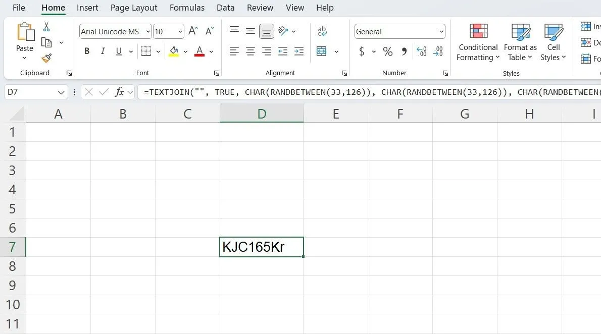 Bảng tính Excel hiển thị công thức và kết quả mật khẩu ngẫu nhiên phức tạp được tạo ra, sử dụng hàm RANDBETWEEN và TEXTJOIN.