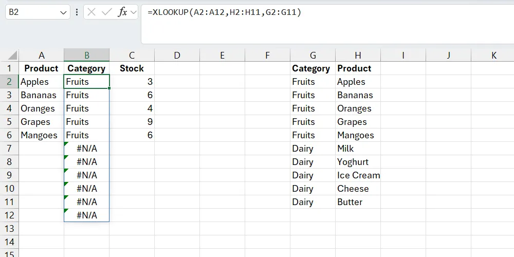 Bảng tính Excel minh họa lỗi #N/A của hàm XLOOKUP khi tìm kiếm trong dải ô chứa ô trống.