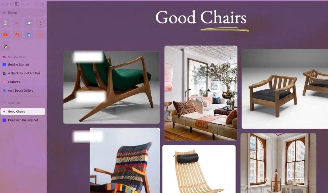 Bảng vẽ Arc Easel trong Arc Browser hiển thị các hình ảnh và ghi chú, phục vụ cho quá trình lên ý tưởng
