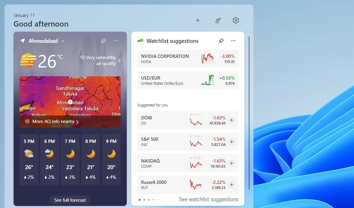 Bảng widget Windows 11 hiển thị widget thời tiết với dự báo chi tiết