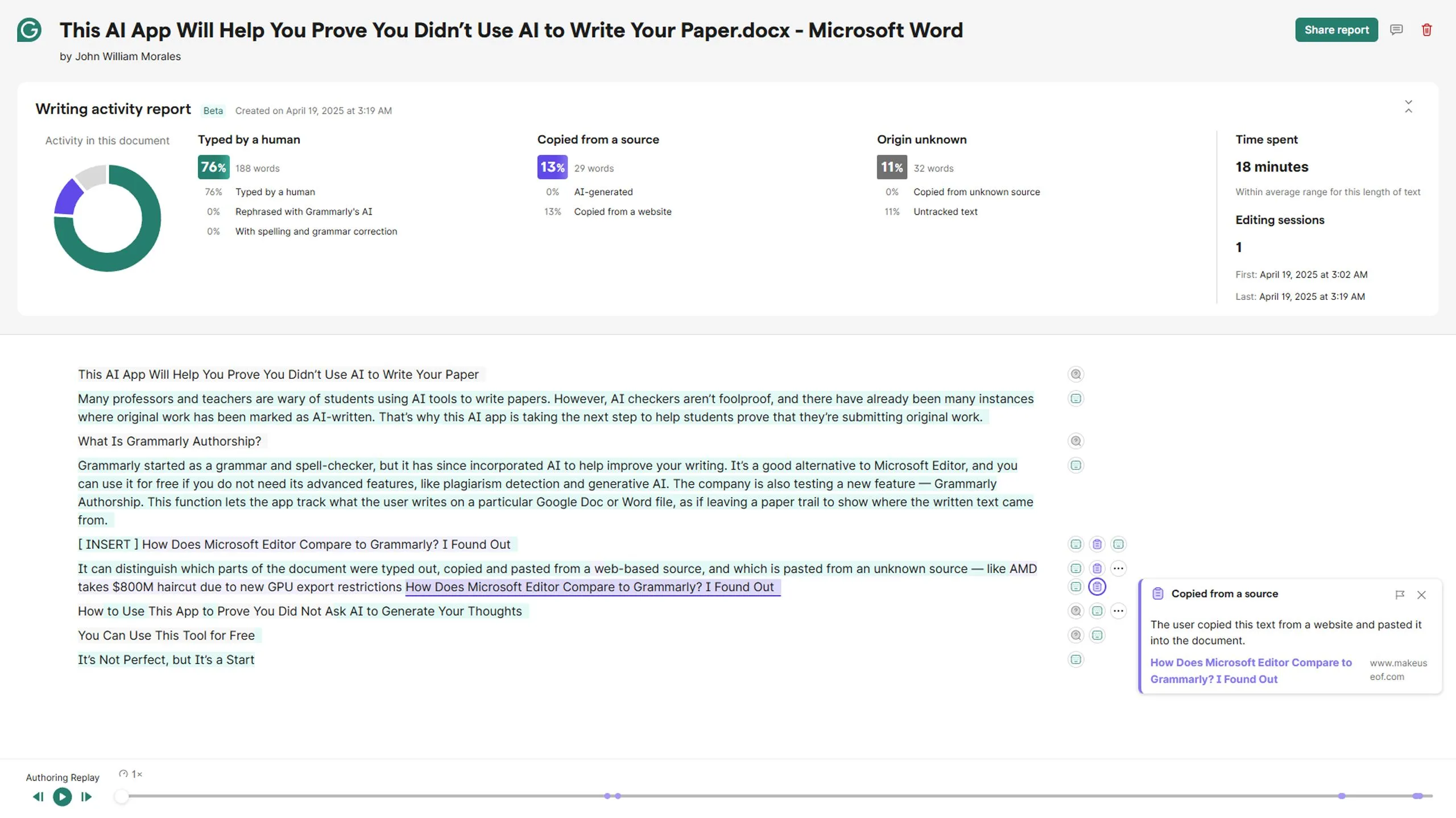 Báo cáo phiên làm việc của Grammarly Authorship hiển thị tỷ lệ văn bản do người dùng gõ và nguồn gốc khác