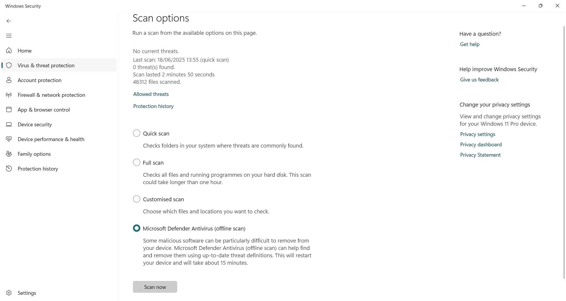 Bắt đầu quá trình quét ngoại tuyến Microsoft Defender trong Windows Security