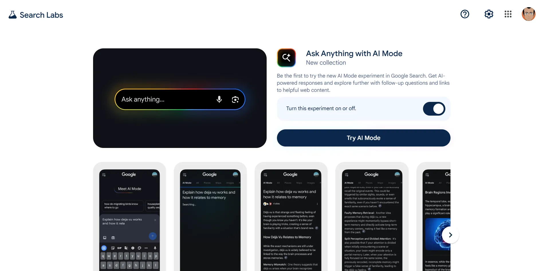 Bật hoặc tắt tính năng AI Mode trong Google Search Labs.