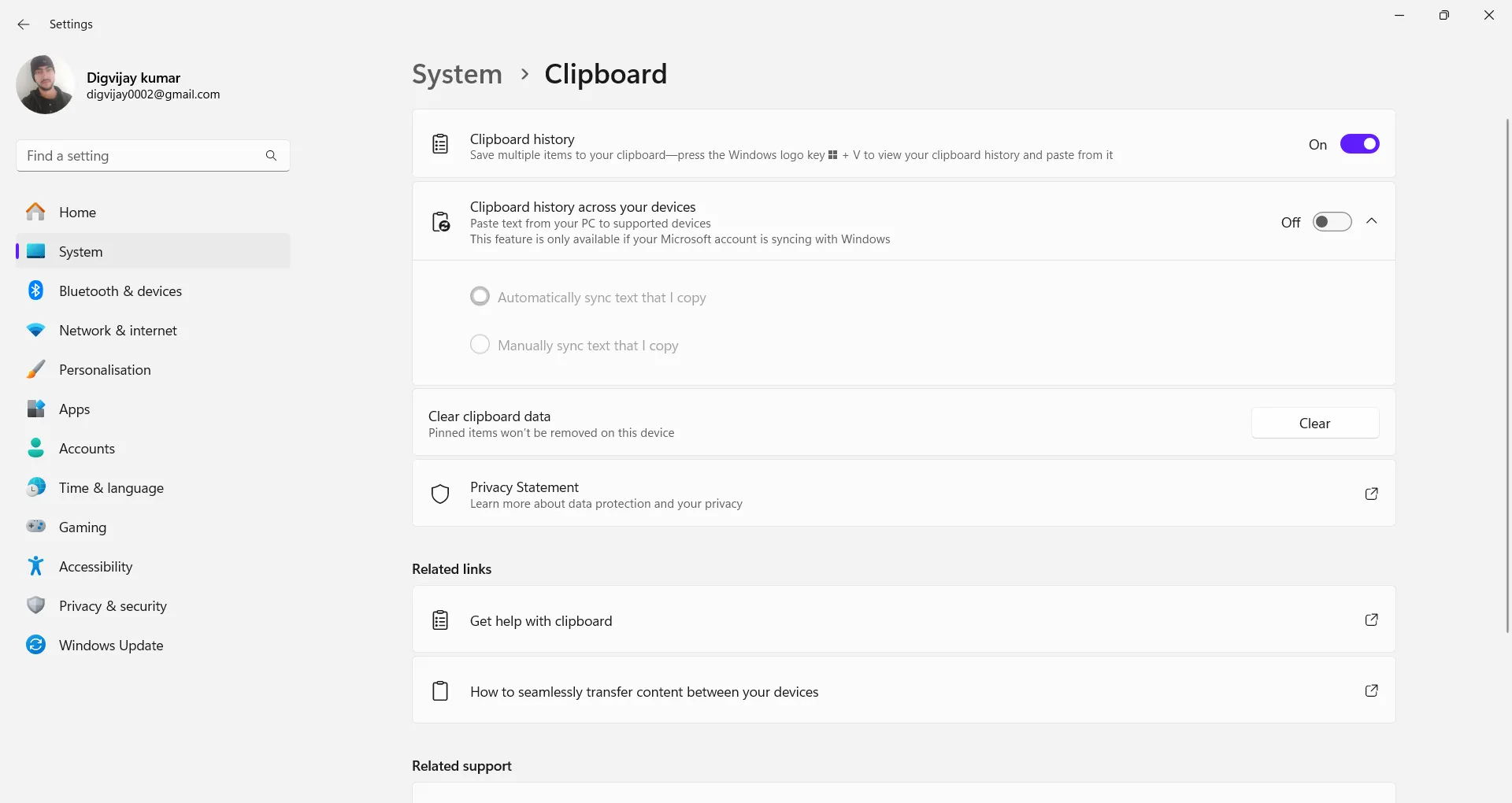 Bật lịch sử Clipboard trong menu Cài đặt Windows