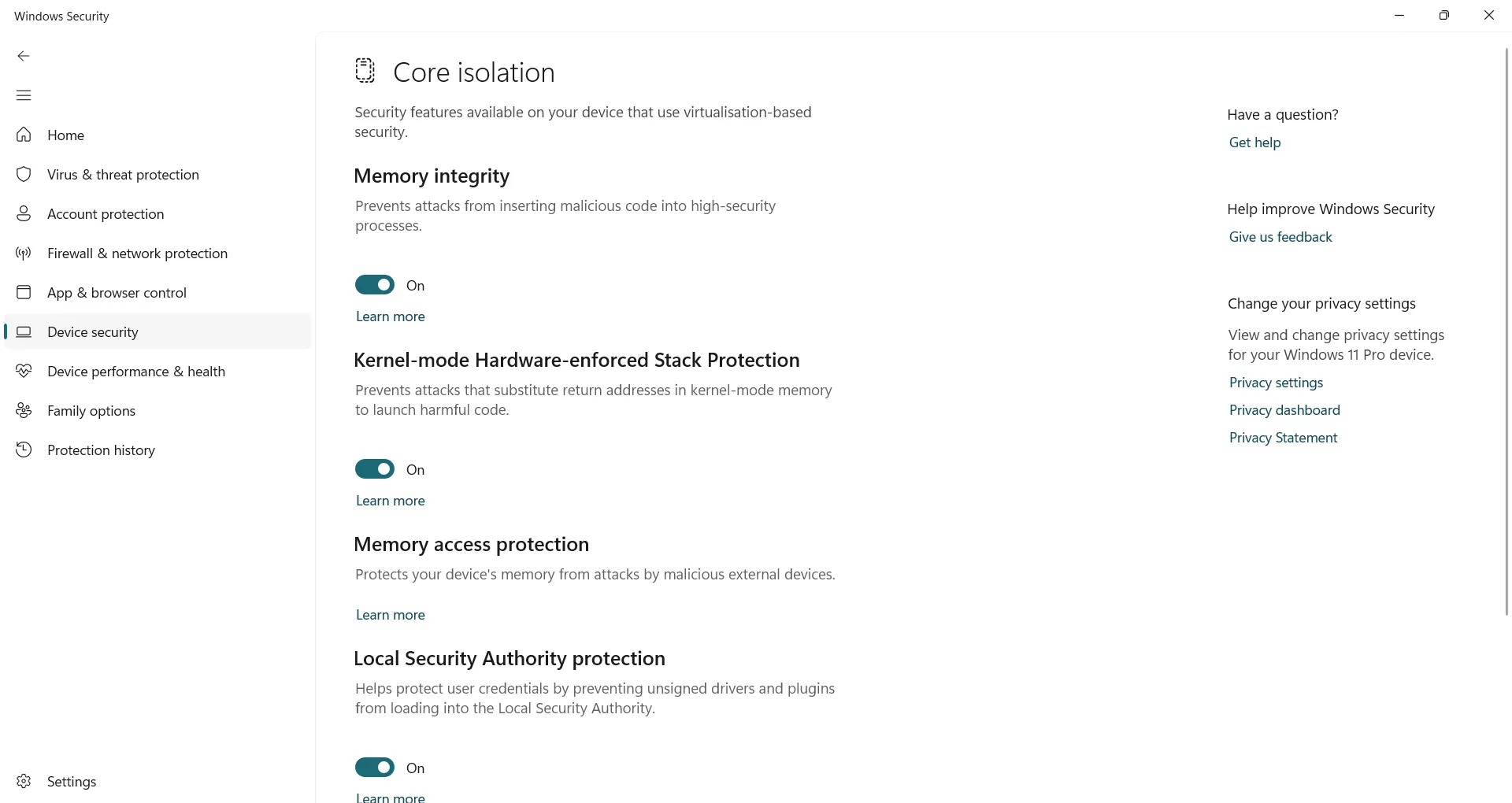 Bật tính năng Toàn vẹn bộ nhớ trong cài đặt Bảo mật thiết bị của Windows Security