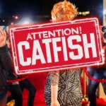 Biển báo chú ý lừa đảo Catfishing nổi bật với nền hình người nổi tiếng và paparazzi