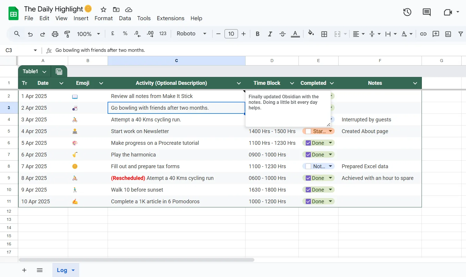 Biểu đồ &quot;Điểm nhấn hàng ngày&quot; (My Daily Highlight) trong Google Sheets để ưu tiên công việc quan trọng