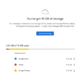 Biểu đồ hiển thị tình trạng sử dụng dung lượng lưu trữ miễn phí 15GB trên Google Drive, Gmail và Google Photos của tài khoản Google.