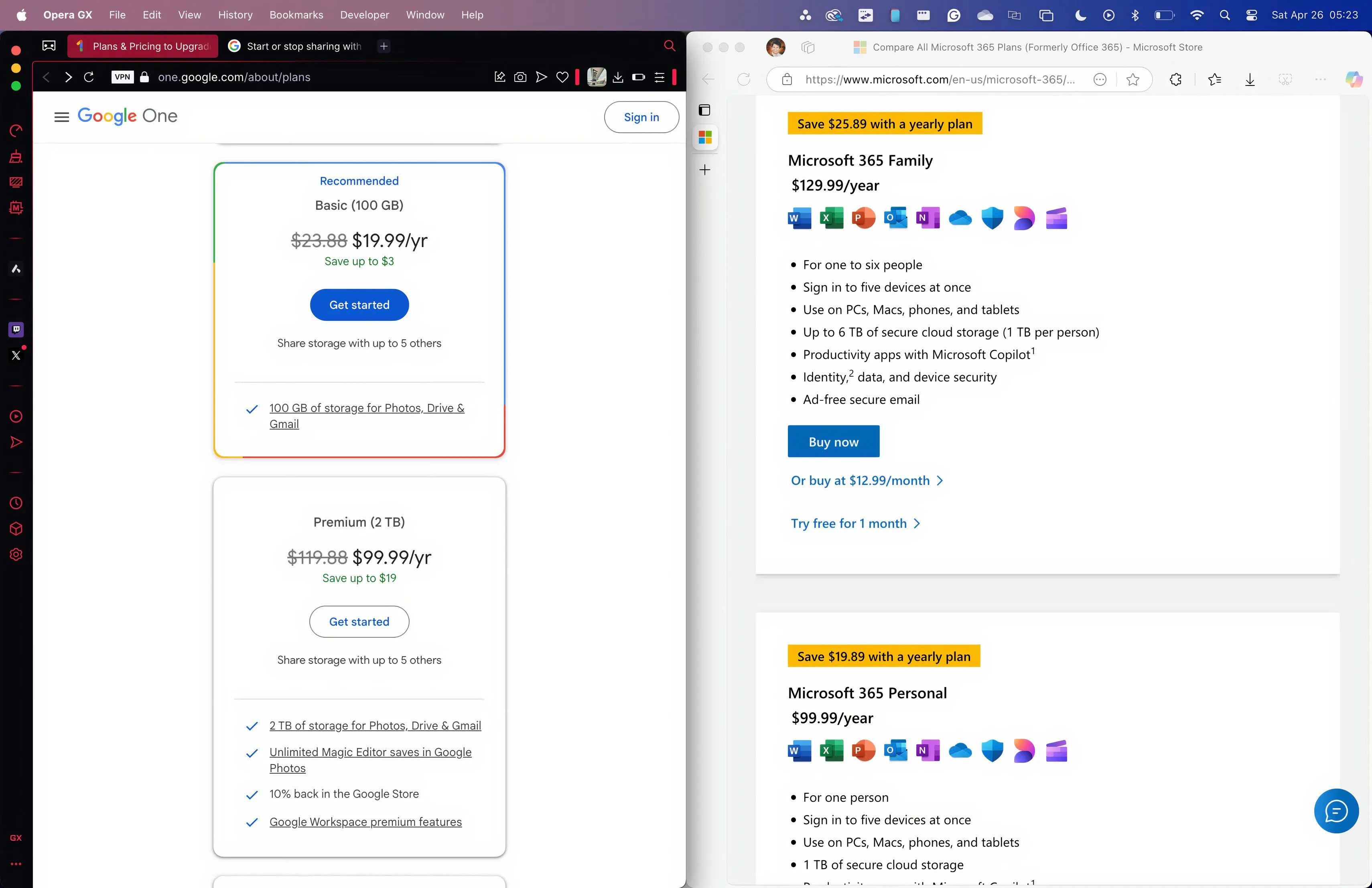 Biểu đồ so sánh các gói đăng ký Google One và Microsoft 365 với dung lượng và chi phí hàng năm