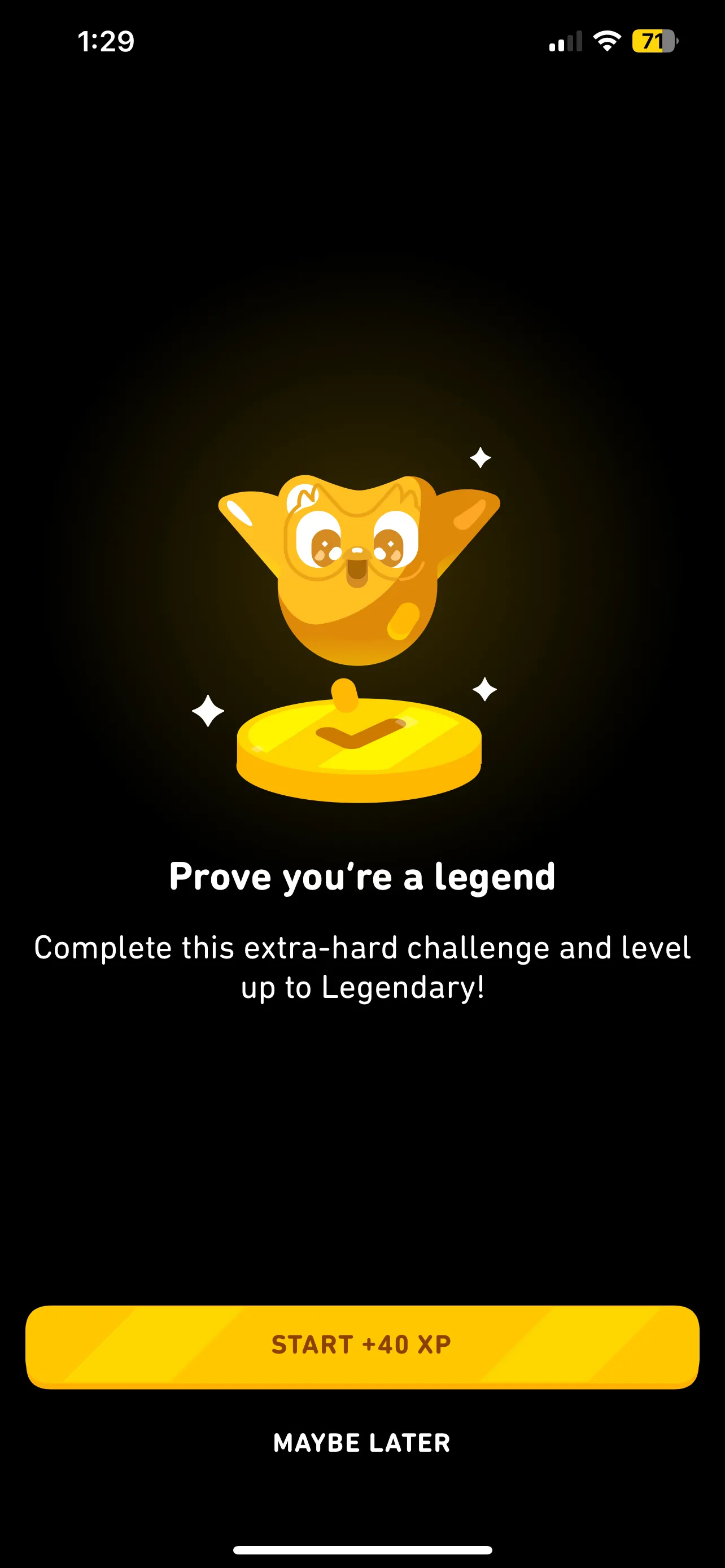 Biểu tượng bài học huyền thoại (Legendary lesson) màu vàng trên Duolingo sau khi hoàn thành đơn vị học.