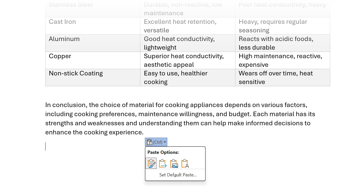 Biểu tượng clipboard nhỏ hiển thị các tùy chọn dán nhanh (Keep Source Formatting, Merge Formatting, Keep Text Only) sau khi dán nội dung trong Word