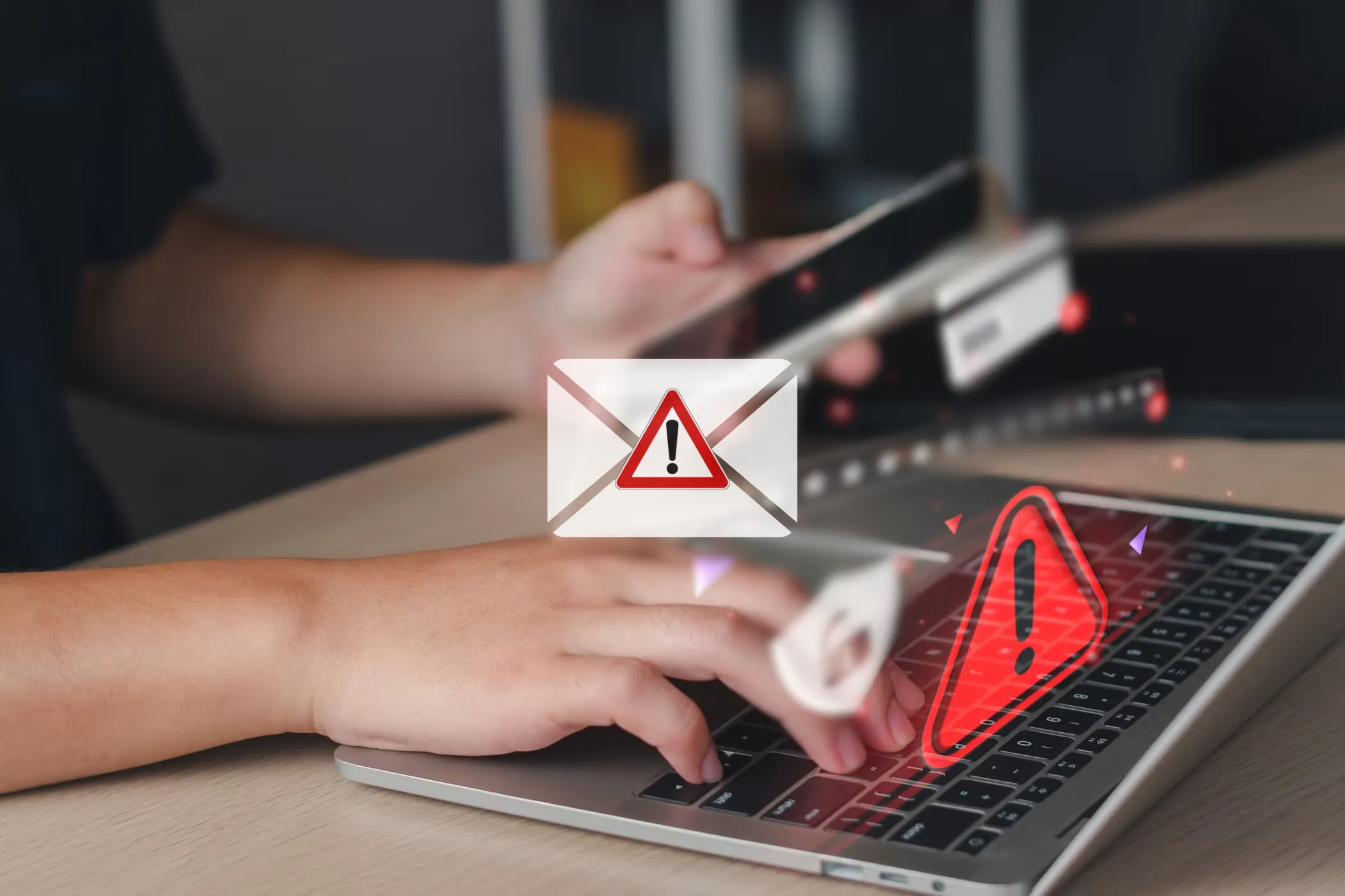 Biểu tượng email lừa đảo (phishing) cùng hình ảnh người dùng máy tính và điện thoại ở phía sau, minh họa tầm quan trọng của việc khóa thiết bị để bảo vệ dữ liệu.