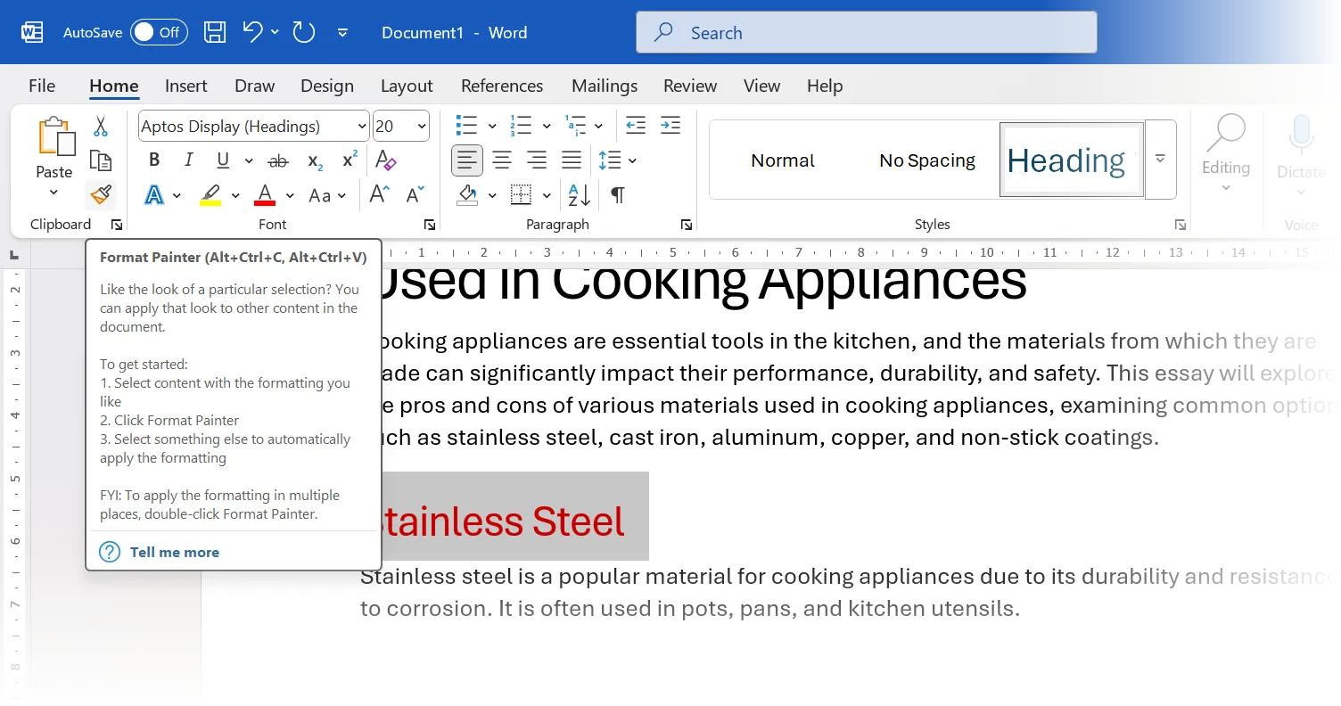 Biểu tượng Format Painter trên thanh công cụ Home của Microsoft Word, cho phép sao chép và áp dụng định dạng nhanh chóng