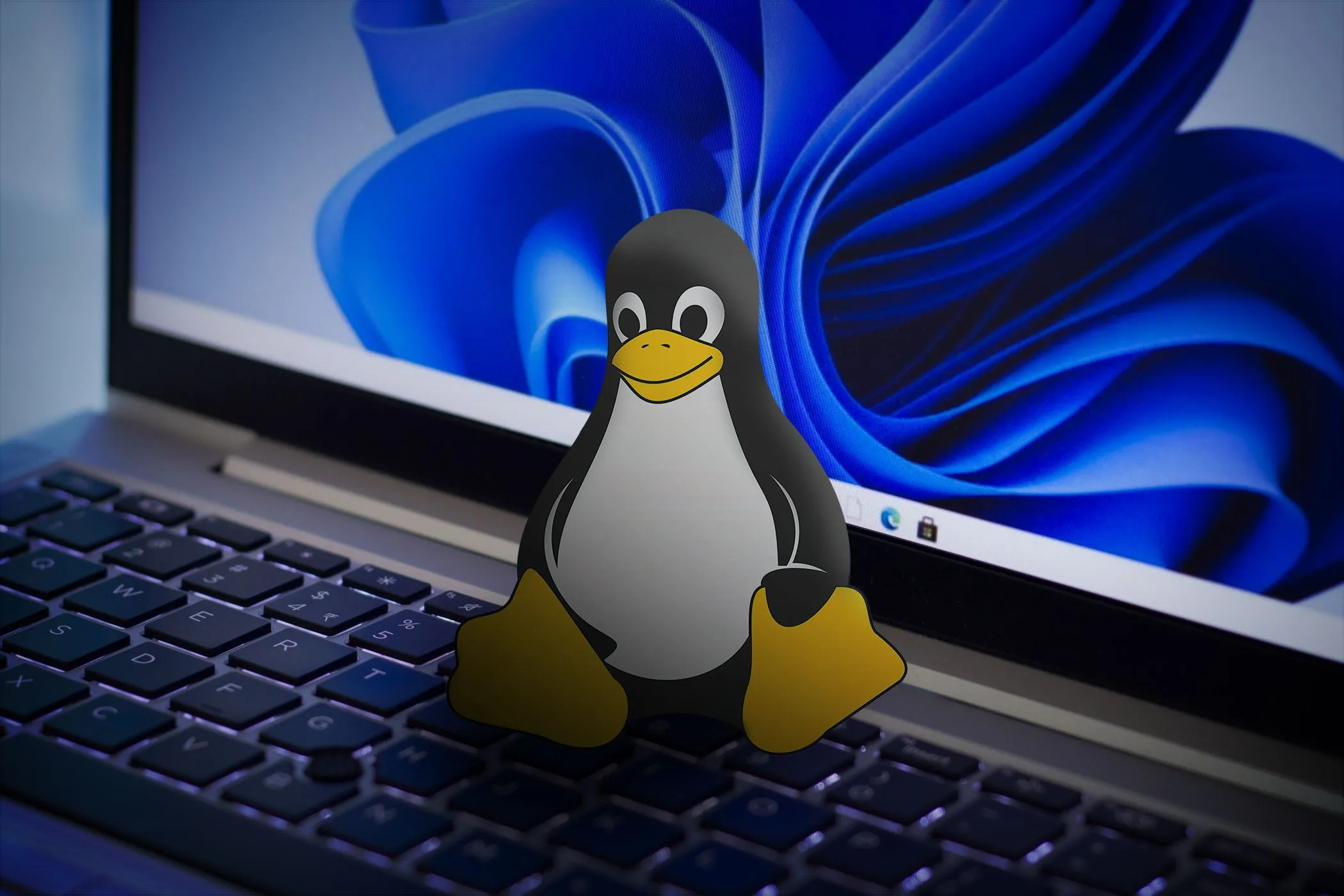 Biểu tượng Linux đặt trên bàn phím laptop, với màn hình hiển thị nền Windows 11, minh họa việc chuyển đổi sang hệ điều hành nhẹ hơn