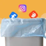 Biểu tượng mạng xã hội Facebook, Instagram, Twitter được đổ vào thùng rác, minh họa cho việc kiểm soát thời gian sử dụng ứng dụng và mạng xã hội.