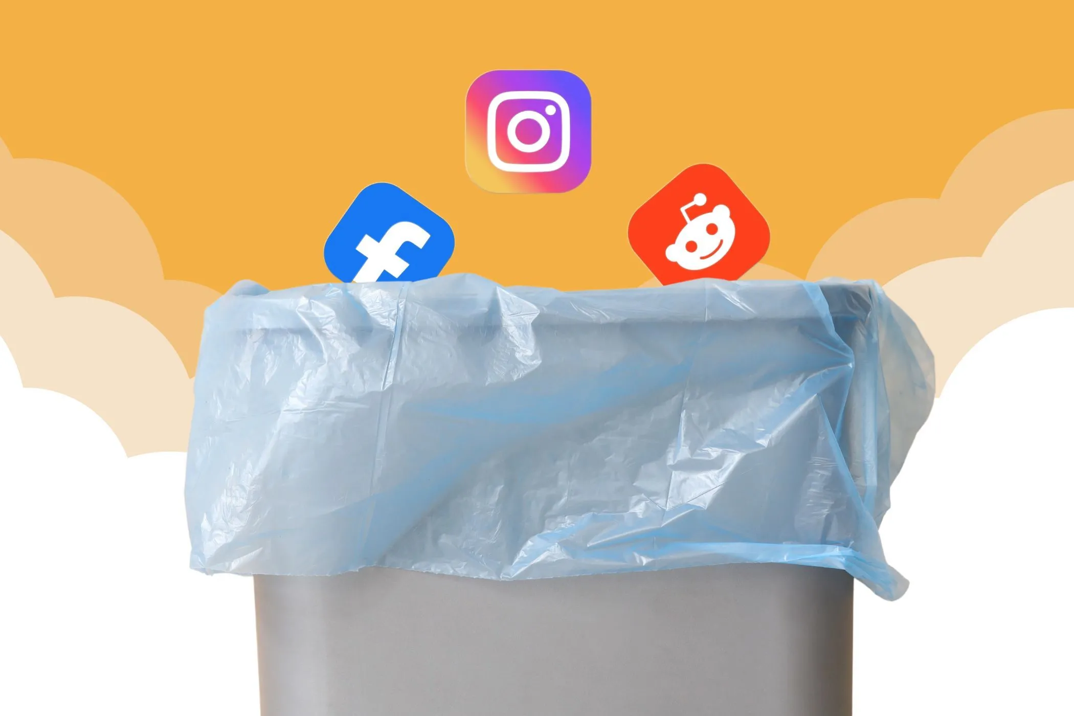 Biểu tượng mạng xã hội Facebook, Instagram, Twitter được đổ vào thùng rác, minh họa cho việc kiểm soát thời gian sử dụng ứng dụng và mạng xã hội.