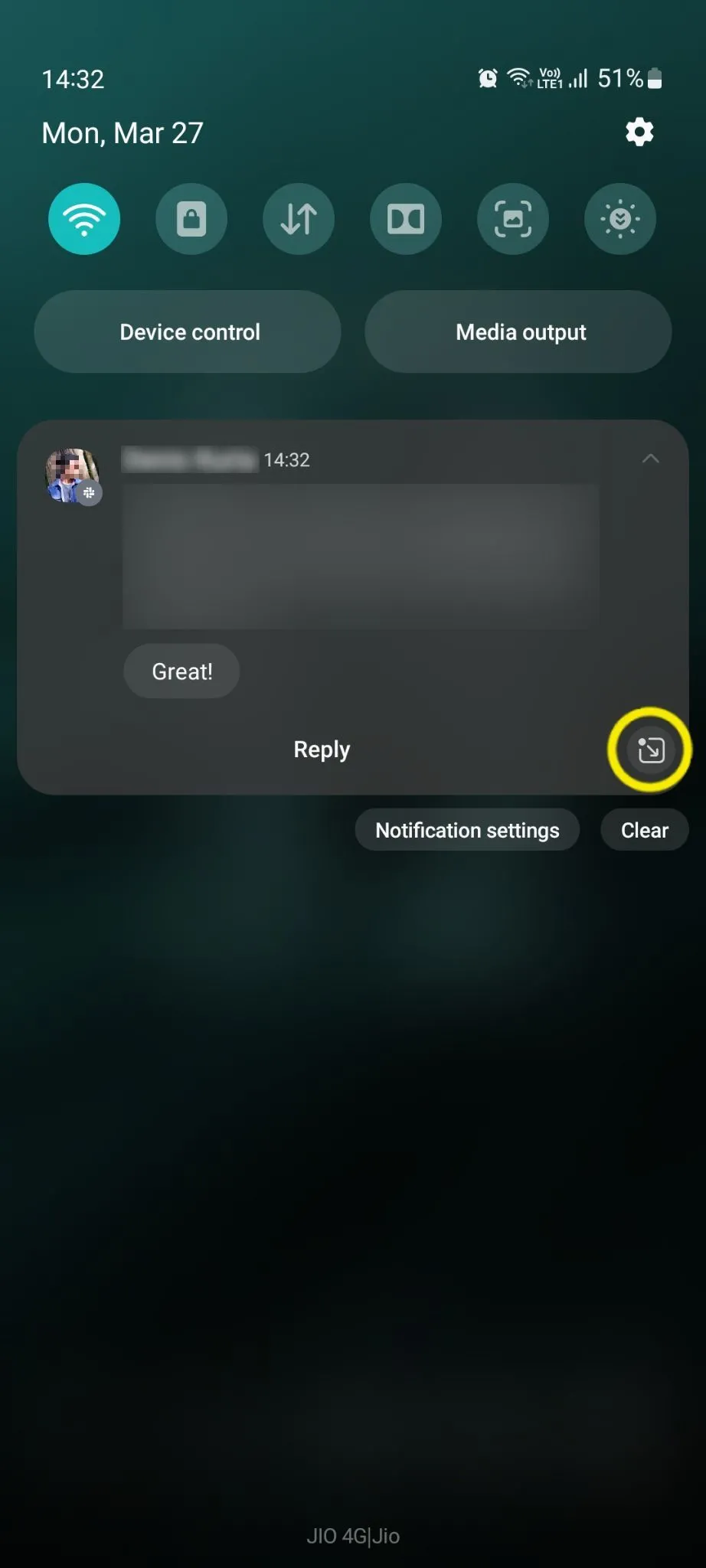 Biểu tượng thông báo nổi hiển thị trên bảng cài đặt nhanh của Samsung, cho phép chuyển sang chế độ bong bóng chat